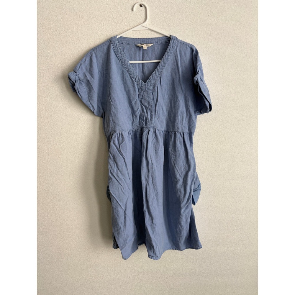 Briggs Womens Blue V-Neck Linen Blend Empire Waist Pocketed Dress Size M
